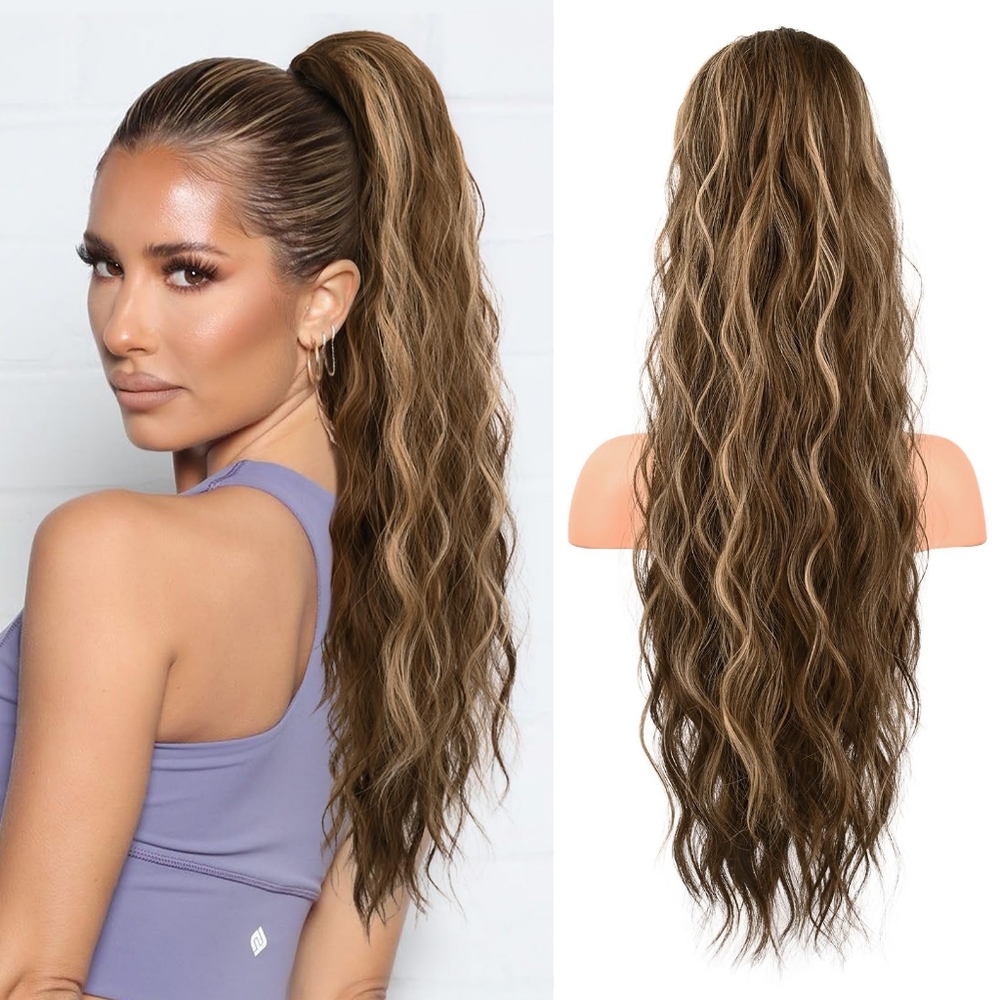 PonytailHairExtension • 26” Long Drawstring • Wavy Curly‎ • Brown/Dirty Blonde